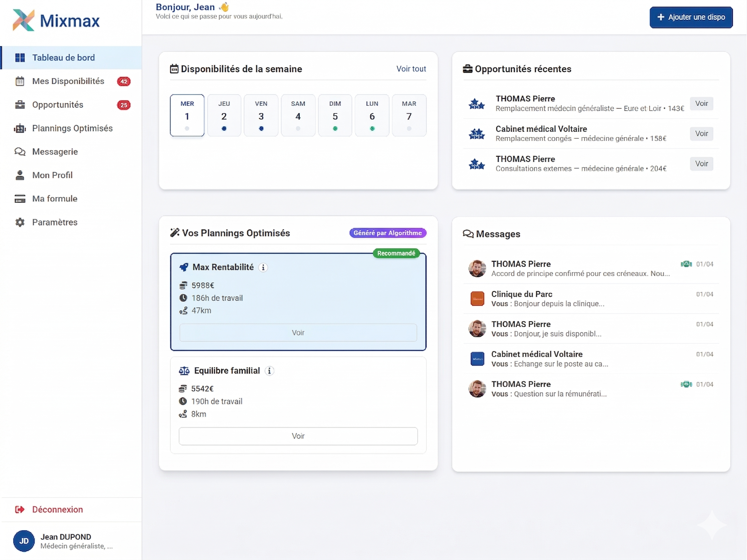 Interface Mixmax candidat - Plannings et calendrier (iPad)